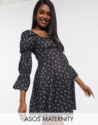 ASOS DESIGN Maternity mini tea dress with bubble ruched sleeve in black floral print