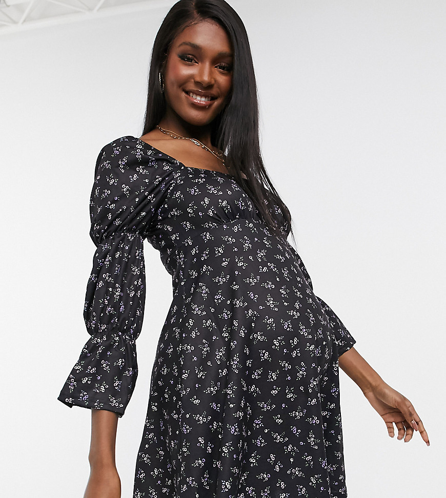 ASOS DESIGN Maternity mini tea dress with bubble ruched sleeve in black floral print