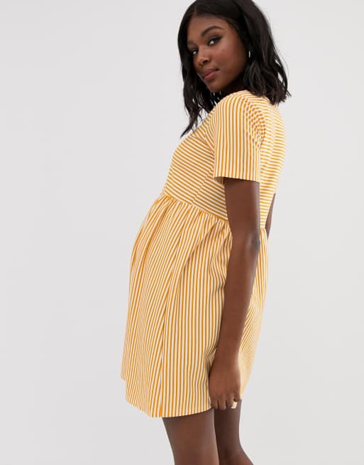 Asos design mini v neck shop button through smock dress in stripe