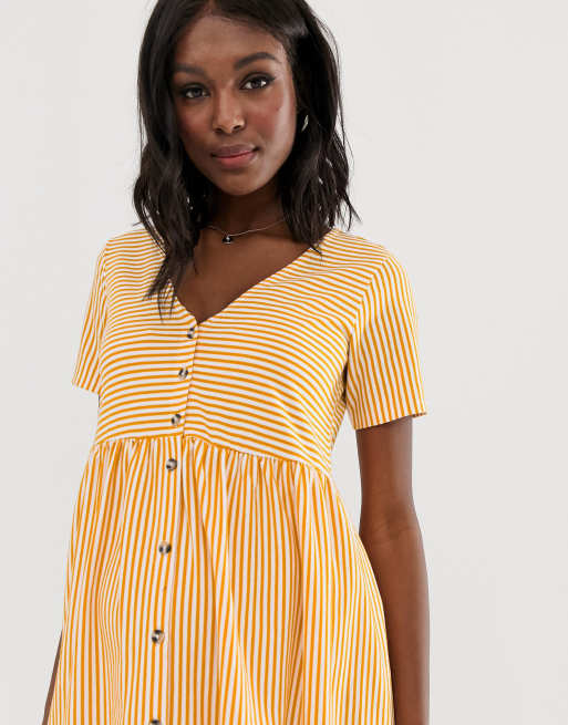 Asos design mini v neck 2025 button through smock dress in stripe