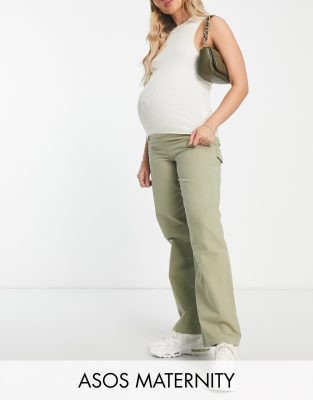 ASOS DESIGN Maternity - Minimalistische Cargohose in Khaki mit farblich abgesetzter Ziernaht-Grün