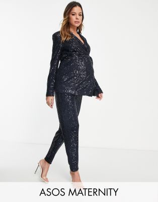 ASOS DESIGN Maternity - Mit Pailletten besetzte Hose aus Jersey mit schmalem Schnitt in Mitternachts-Marineblau