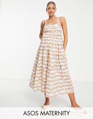 ASOS DESIGN Maternity - Mittellanges Skater-Sommerkleid mit Blumen- und Streifenmuster und Trägern-Bunt