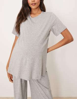 ASOS DESIGN Maternity - Mix and Match - Exklusives Pyjama-T-Shirt aus Baumwolle in Grau mit Stillfunktion-Schwarz