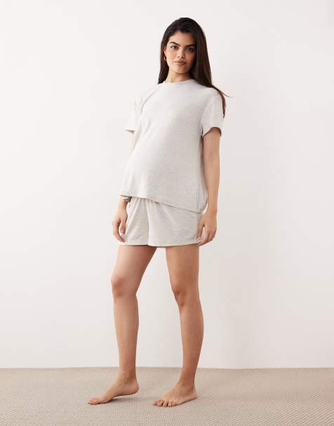 ASOS DESIGN Maternity mix and match flippy pajama shorts in oatmeal rib - view 1