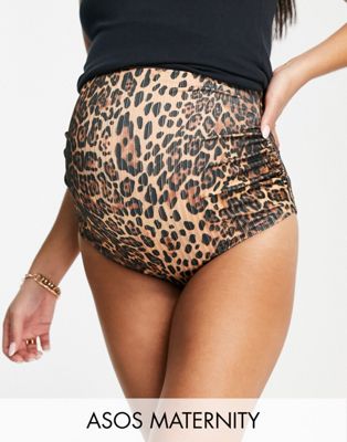 ASOS DESIGN Maternity mix and match ruched high waist bikini bottom in leopard print