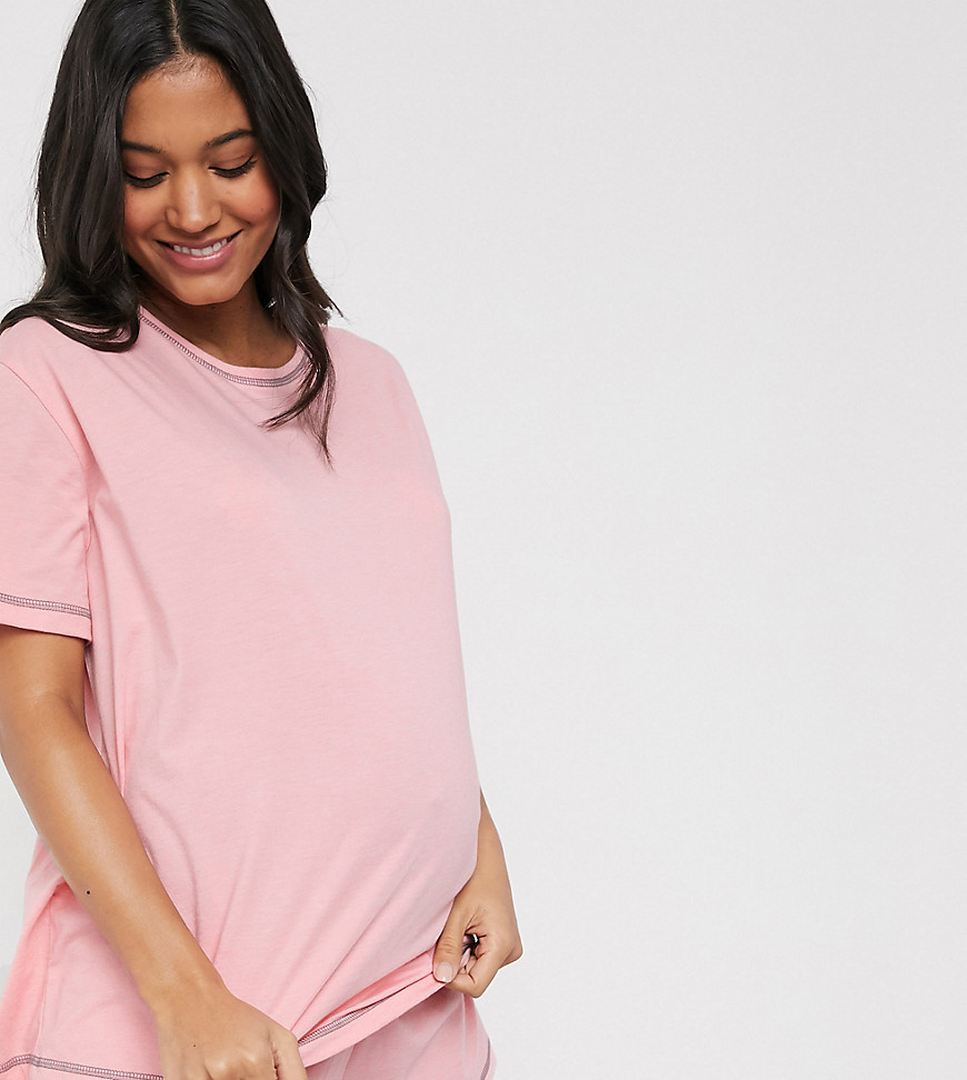 ASOS DESIGN Maternity - Mix en match jersey pyjamashirt met overlocknaad-Roze