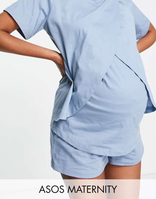 ASOS DESIGN Maternity - Mix en match - Katoenen pyjamashort in blauw - KAKI