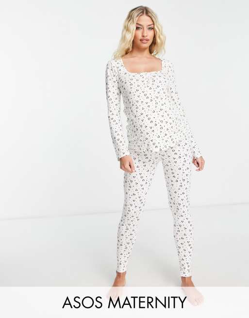 ASOS DESIGN Maternity - Mix en match - Pyjamaset met fijne hartjesprint in crème, 3 van 5