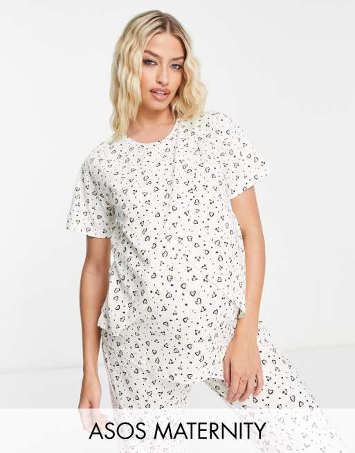 ASOS DESIGN Maternity - Mix en match - Pyjamatop voor borstvoeding met fijne hartjesprint in crème