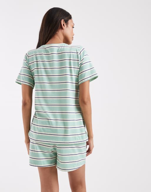 ASOS DESIGN Maternity mix & match boxer pajama shorts in sage & blue stripe, 3 of 4