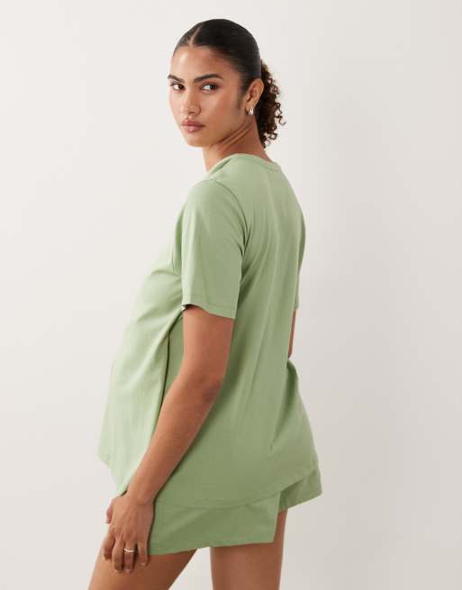 ASOS DESIGN Maternity Mix & Match cotton nursing pyjama oversized tee with side splits in pistachio green, 4 of 4