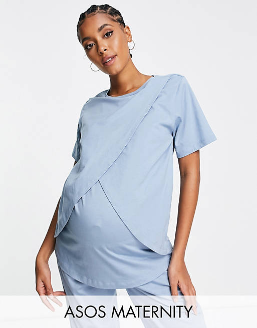 ASOS DESIGN Maternity mix & match cotton pajama nursing tee in blue - KHAKI