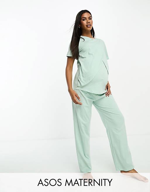 ASOS DESIGN Maternity mix & match cotton pajama set in sage
