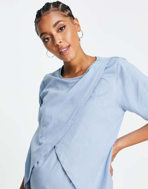 ASOS DESIGN Maternity mix & match cotton pajama nursing tee in blue - KHAKI