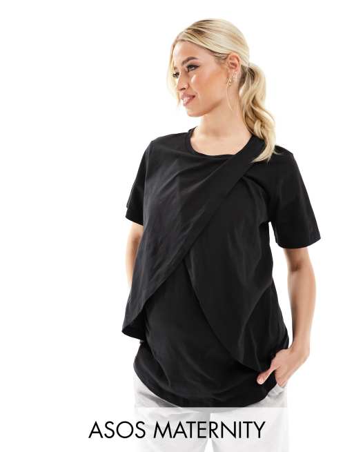 ASOS DESIGN Maternity Mix Match Exclusive Pyjamashirt aus Baumwolle in Schwarz mit Stillfunktion ASOS