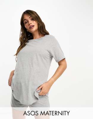 ASOS DESIGN Maternity - Mix & Match - Exklusives Pyjama-T-Shirt aus Baumwolle in meliertem Grau mit Stillfunktion