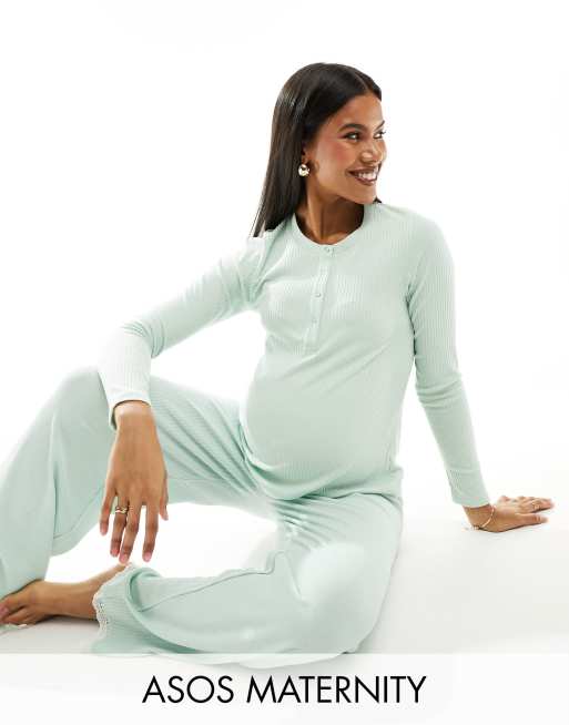 Asos Design Maternity Mix And Match Geripptes Pyjama Oberteil In Grün Mit Spitzenborte Und 1858