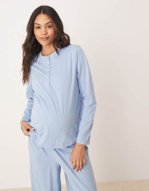 ASOS DESIGN Maternity mix & match henley pyjama top in blue - view 1