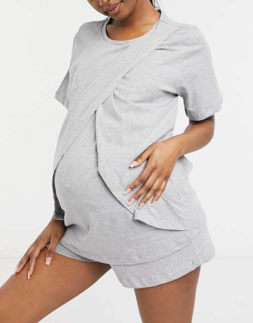 ASOS DESIGN Maternity mix & match jersey pajama nursing tee in gray heather, 4 of 4