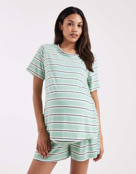 ASOS DESIGN Maternity - Mix & Match - Pantaloncini del pigiama stile boxer a righe salvia e blu - view 1
