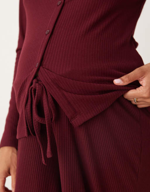 ASOS DESIGN Maternity - Mix & Match - Pantaloni da casa con fondo ampio bordeaux a coste, 4 di 4