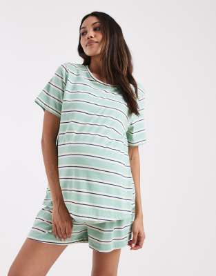 ASOS DESIGN Maternity - Mix & Match - Pyjama-T-Shirt mit Streifen in Salbeigrün und Blau
