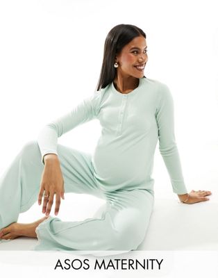 ASOS DESIGN Maternity mix & match rib & lace pyjama henley top in green