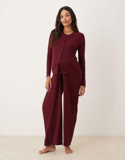 ASOS DESIGN Maternity Mix & Match rib loungewear in burgundy - view 1