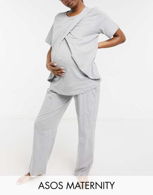 ASOS DESIGN Maternity long sleeve shirt & pants pajama set with contrast  piping in gray