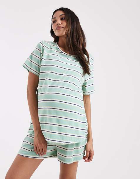 ASOS DESIGN Maternity - Mix & Match - T-shirt de pyjama d'allaitement à rayures - Sauge et bleu - view 1