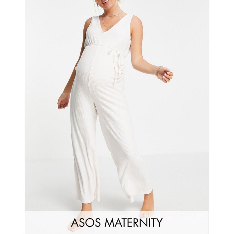 VsjjT Donna DESIGN Maternity - Mix & Match - Tuta jumpsuit da casa super soffice écru a coste allacciata in vita