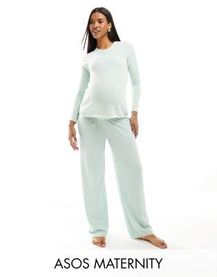 ASOS Maternity ASOS DESIGN Maternity mix & match waffle & lace pyjama trouser in green