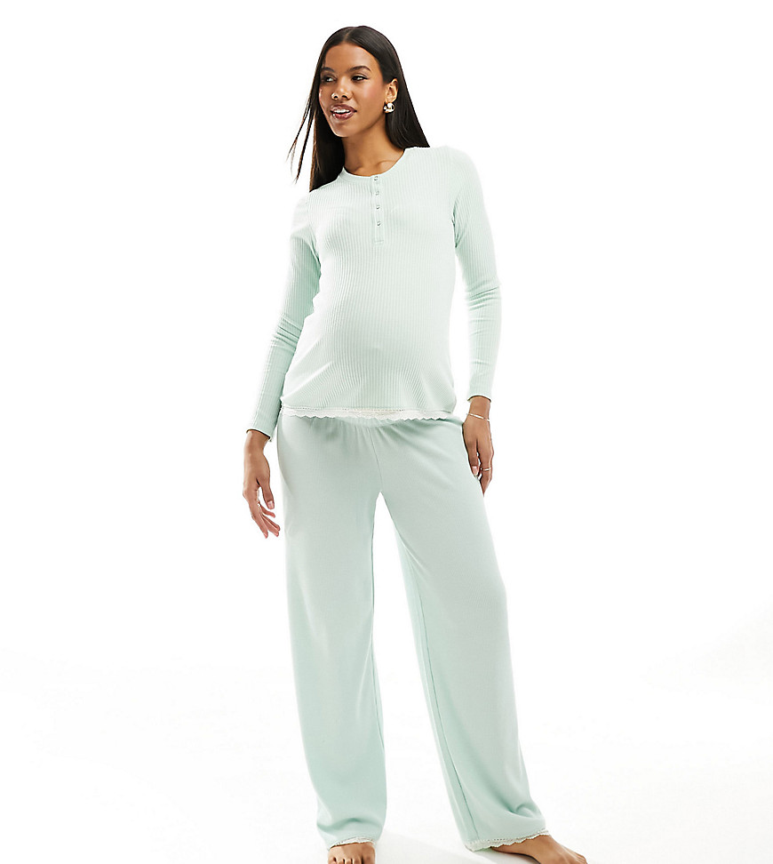 ASOS DESIGN Maternity mix & match waffle & lace pyjama trouser in green