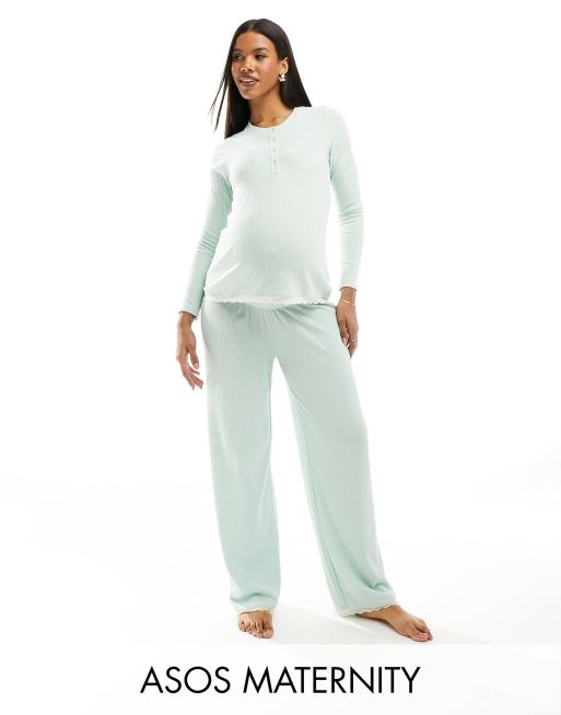 ASOS DESIGN Maternity - Mix og match - Grønne pyjamasbukser med blonder og vaffelstruktur