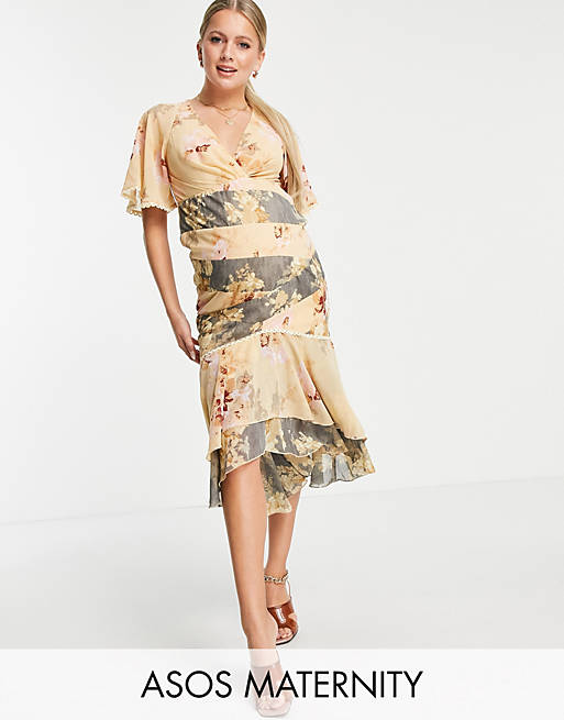 ASOS DESIGN Maternity mixed floral panelled midi dress with lace trim detail