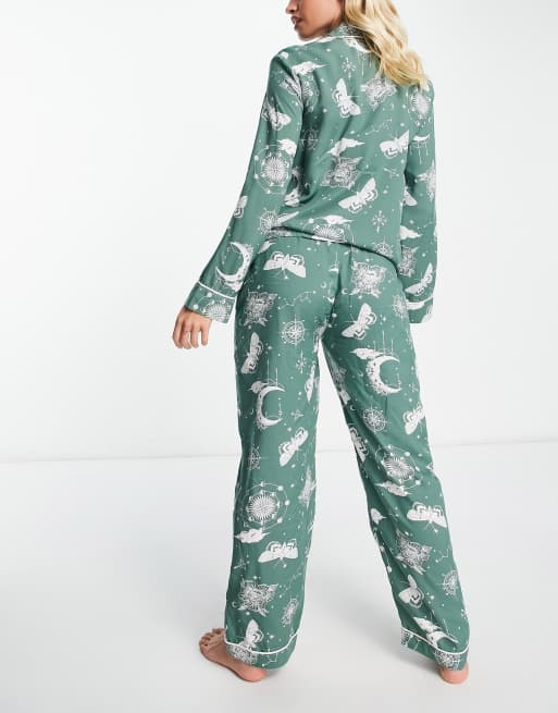 ASOS DESIGN Maternity modal astrology shirt & pants pyjama set in sage, 3 of 4
