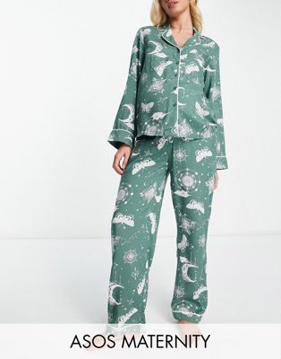 ASOS DESIGN Maternity modal astrology shirt & trouser pyjama set in sage