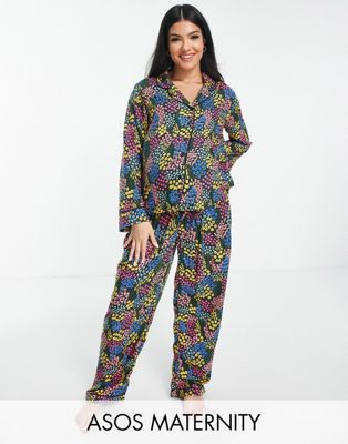 ASOS DESIGN Maternity modal ditsy floral shirt & trouser pyjama set in black - ASOS Price Checker