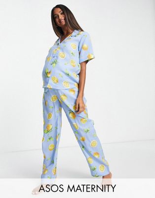 ASOS DESIGN Maternity modal fruit shirt & trouser pyjama set in blue