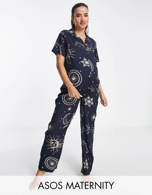 ASOS DESIGN Maternity modal horoscope shirt & pants pyjama set in navy