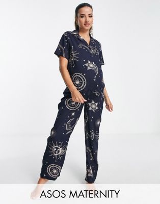ASOS DESIGN Maternity modal horoscope shirt & trouser pyjama set in navy