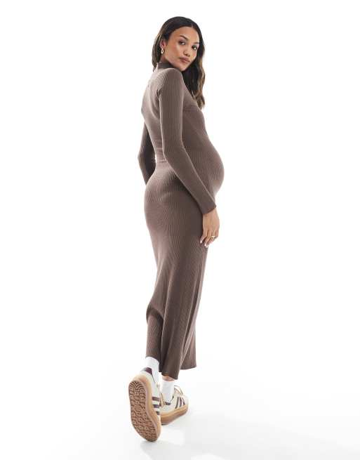 ASOS DESIGN Maternity - Mokkabrun maxikjole med ribstrikkede detaljer i fint strik, 4 af 4