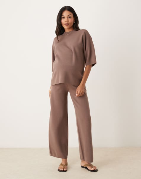 ASOS DESIGN Maternity - Mokkabrune strikkede bukser med struktur - Del af sæt - view 1