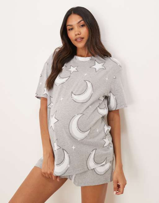 ASOS DESIGN Maternity moon & stars oversized tee and short set in grey