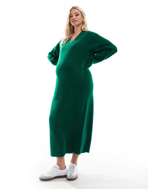 ASOS DESIGN Maternity – Mörkgrön, stickad midaxiklänning med v-ringning, 2 av 4