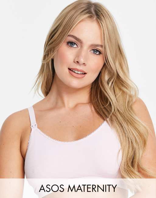 ASOS DESIGN Maternity – Nahtloser gerippter Still-BH mit Pikot-Besatz in Staubrosa