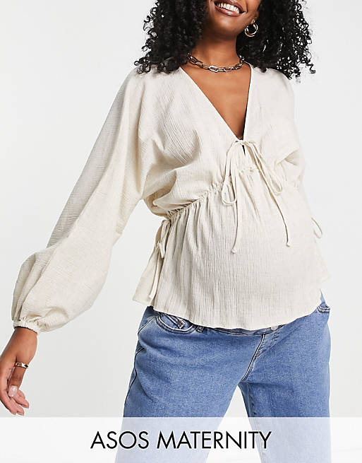 ASOS DESIGN Maternity natural crinkle top with side ties in oatmeal 