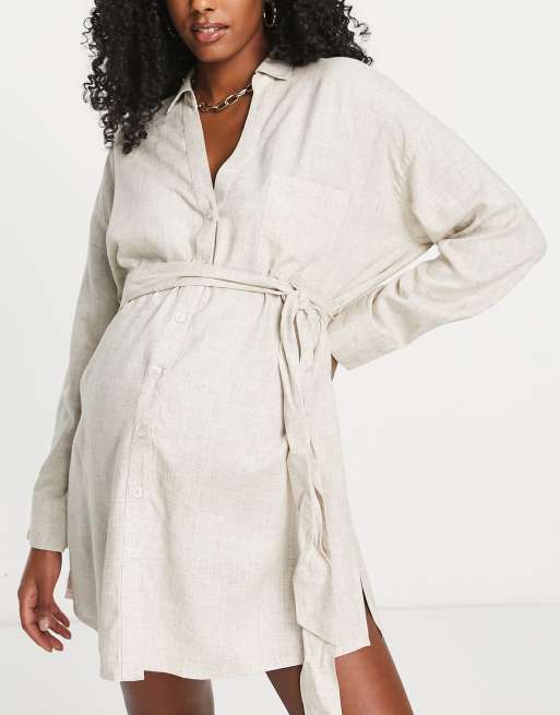 ASOS DESIGN Maternity – Naturfärgad skjortklänning i stranddesign med skärp, 3 av 4
