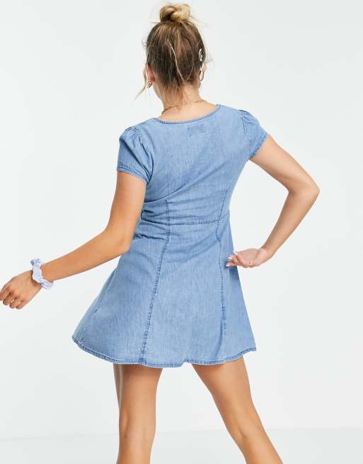 ASOS DESIGN Maternity Nette jurk van zachte denim met vierkante hals in medium wassing ASOS